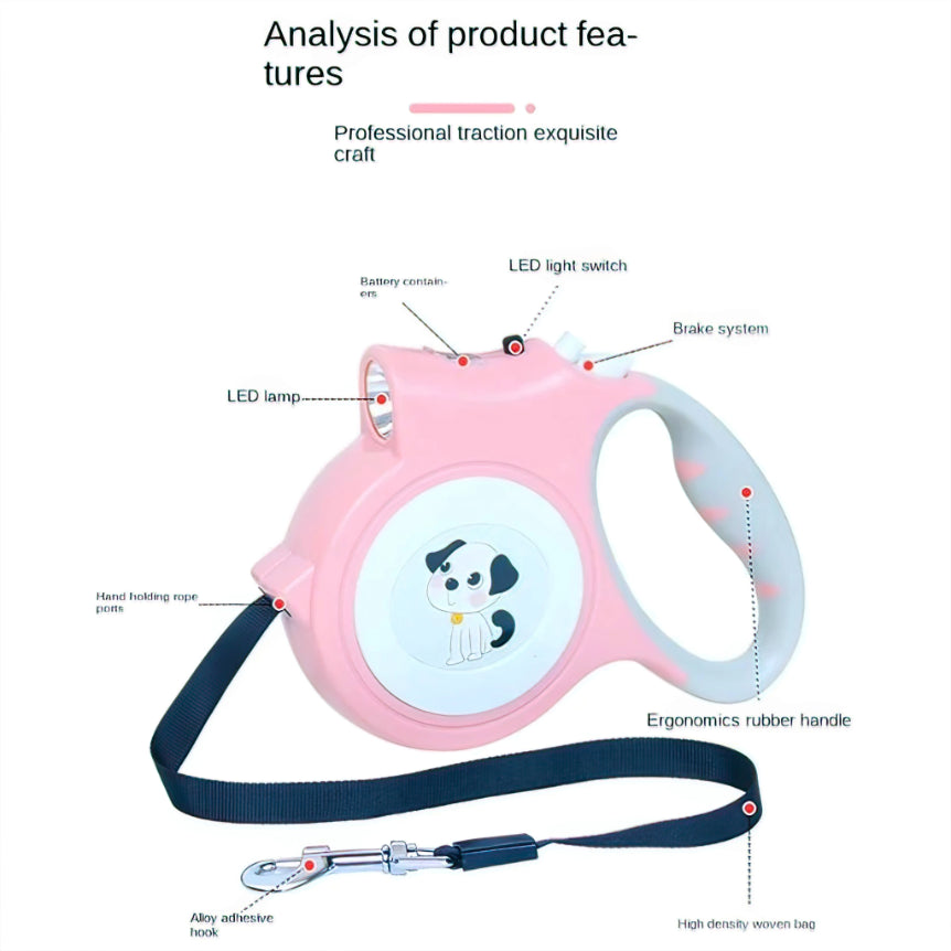 Retractable Pet Leash With Night Torch Light for Small to Medium Breed Dogs